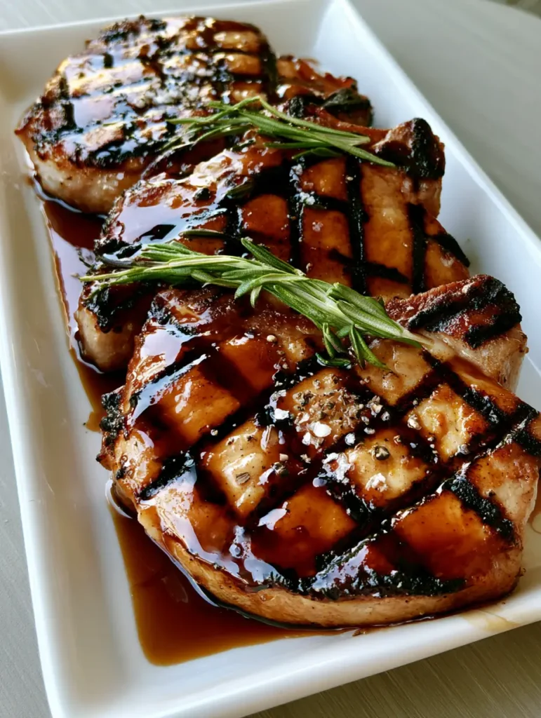 Grilled Pork Chop Marinade: The Secret to Juicy, Amber-Glazed Chops 1 Close-up of charred grilled pork chops featuring coarse sea salt and cracked black peppercorns on a white ceramic plate.