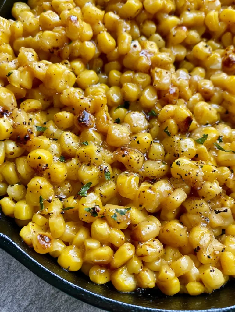Close-up of vibrant yellow corn kernels in a honey butter glaze with visible black pepper. (Honey Butter Skillet Corn)