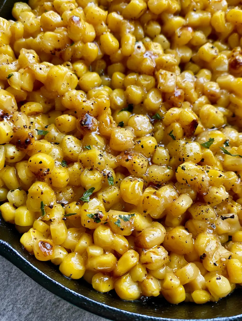 Honey Butter Skillet Corn: The Ultimate Caramelized Cast Iron Side Dish 3 Close-up of vibrant yellow corn kernels in a honey butter glaze with visible black pepper. (Honey Butter Skillet Corn)