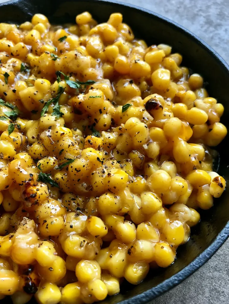 Honey Butter Skillet Corn: The Ultimate Caramelized Cast Iron Side Dish 1 Creamy yet vibrant skillet corn with dried parsley flakes and honey butter sauce.