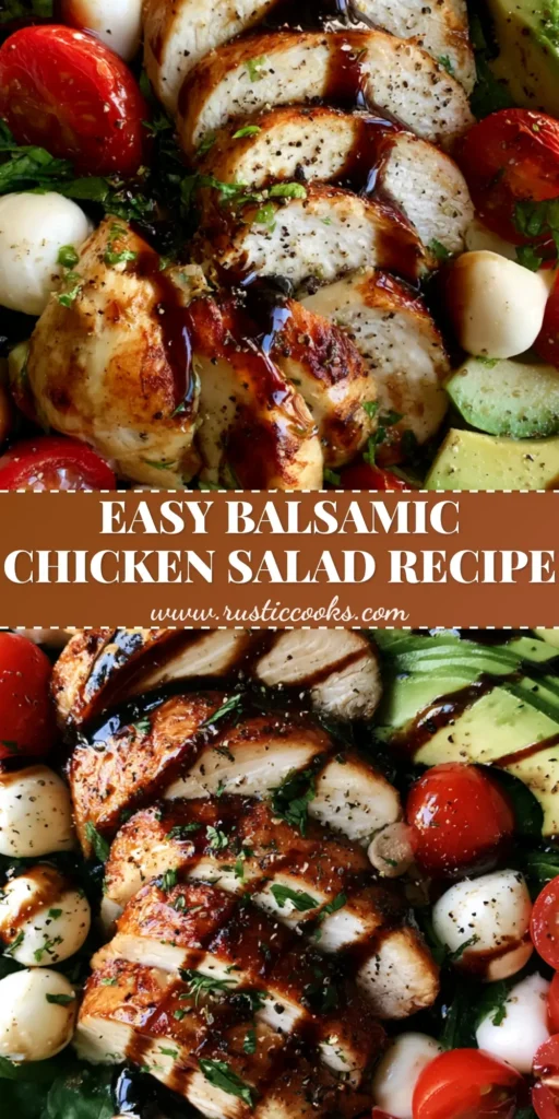 Balsamic Chicken Salad: The Ultimate Gourmet Spinach and Avocado Bowl 4 A top-down shot of a Balsamic Chicken Salad in a white bowl featuring seared chicken, spinach, avocado, and mozzarella with a thick balsamic drizzle.