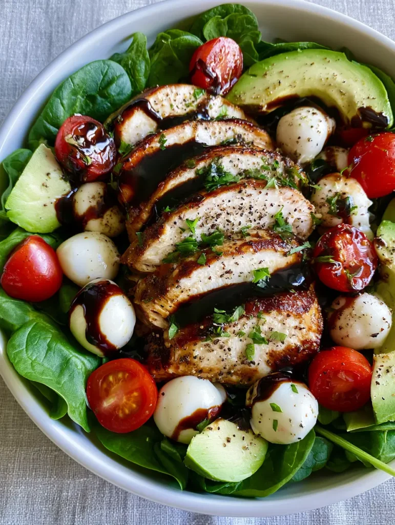 Close-up of seared chicken breast slices on a bed of spinach with balsamic glaze pooling in the crevices. (Balsamic Chicken Salad)