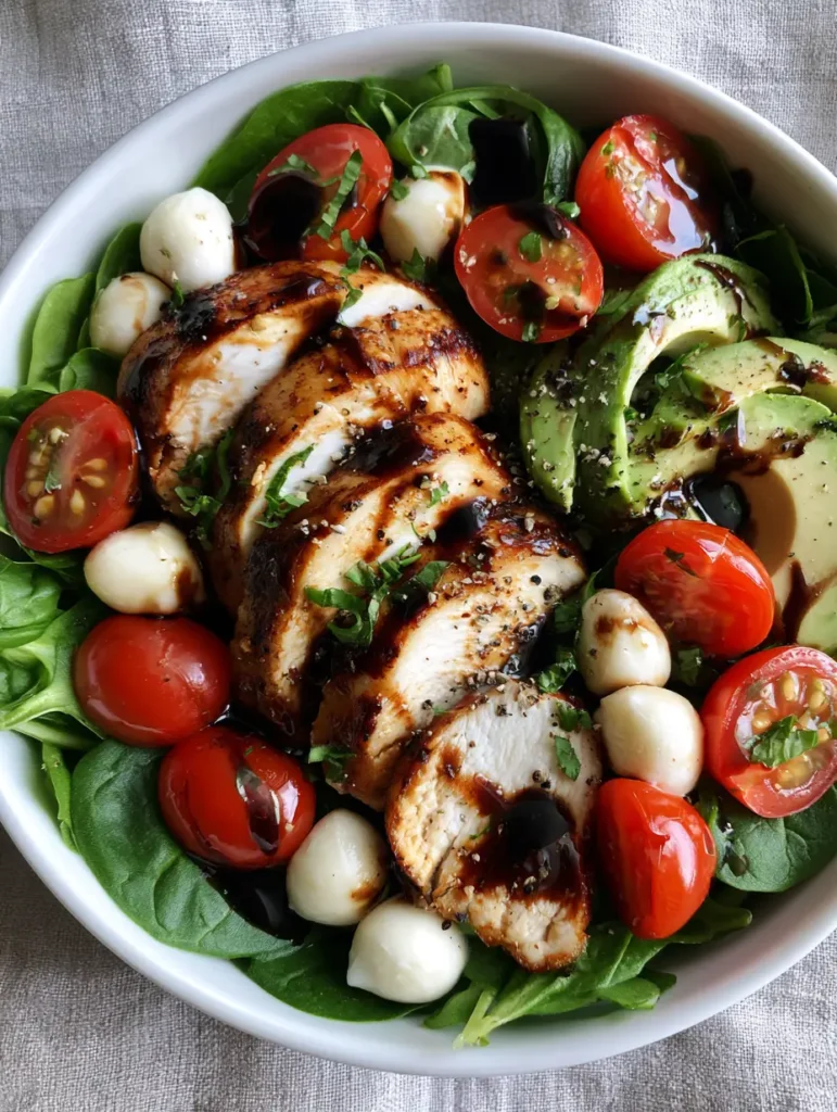 Balsamic Chicken Salad: The Ultimate Gourmet Spinach and Avocado Bowl 1 Symmetry of mozzarella pearls, red cherry tomatoes, and green avocado slices in a Balsamic Chicken Salad bowl.