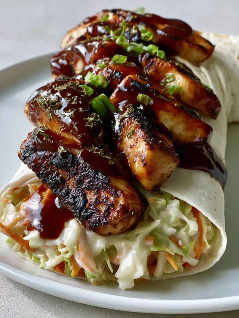 BBQ Chicken Coleslaw Wraps: The Ultimate Crunchy and Smoky Handheld Meal 2 A smartphone photo of BBQ Chicken Coleslaw Wraps with thick mahogany sauce and fresh scallions. (BBQ Chicken Coleslaw Wraps)
