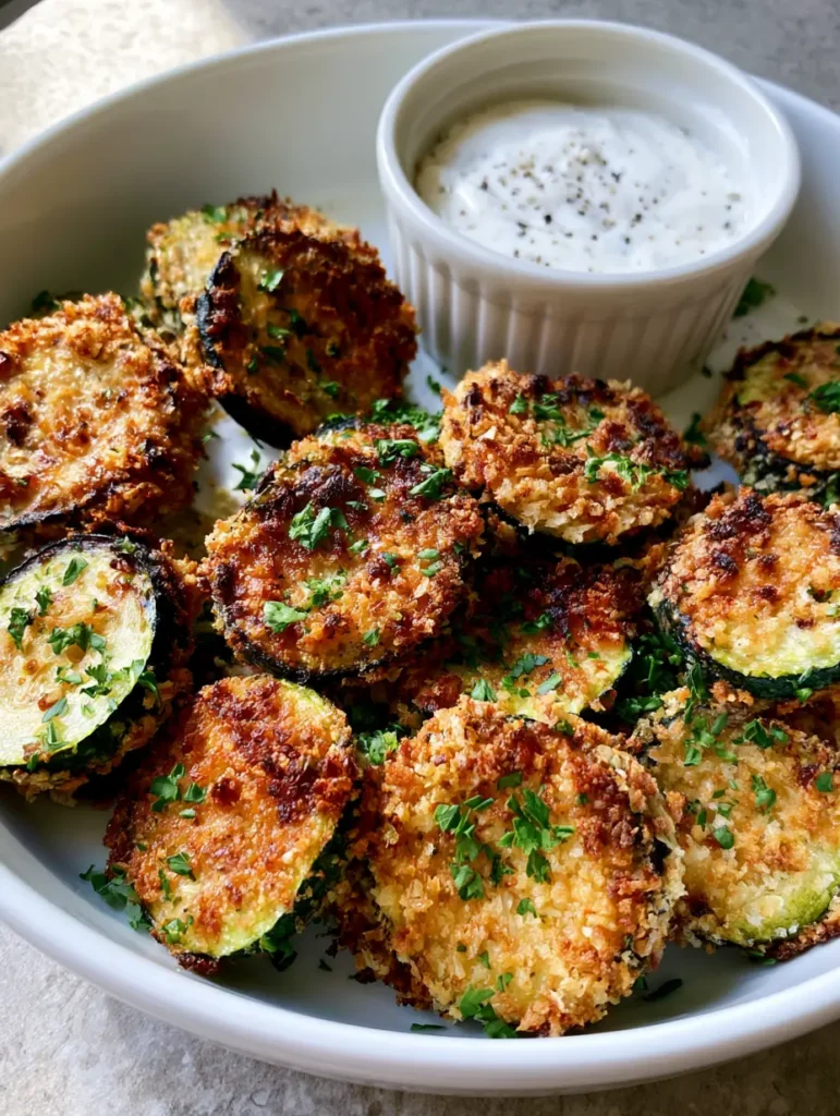 A shallow white ceramic bowl filled with golden-brown Air Fryer Zucchini Bites showing toasted panko grains.