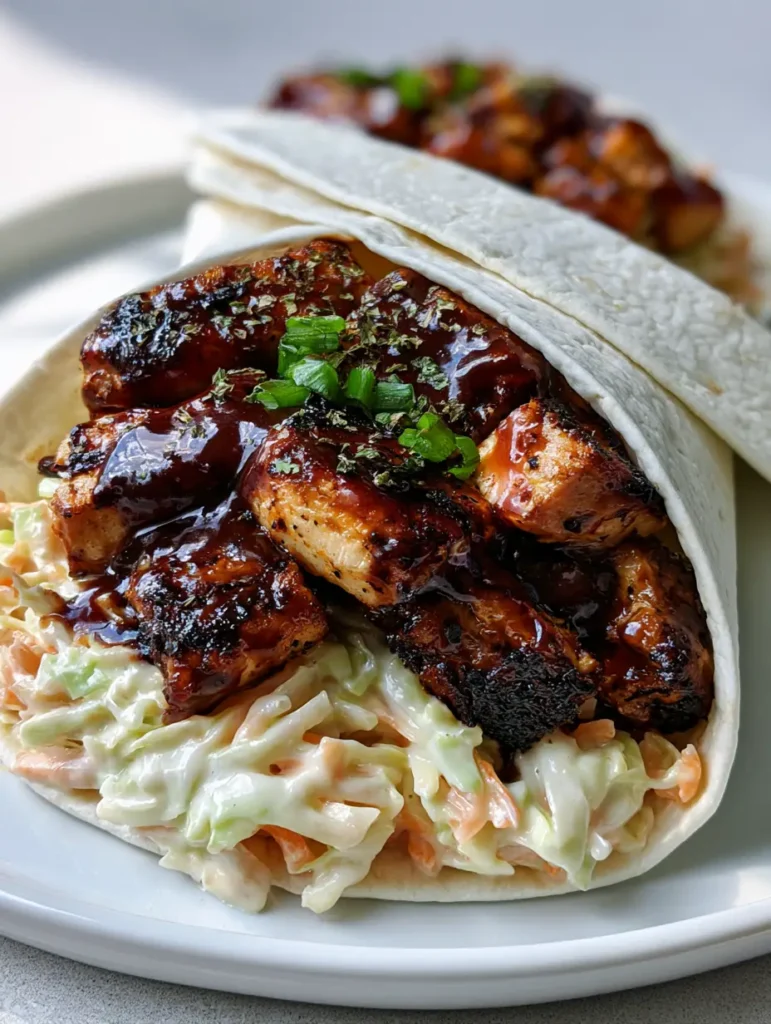 BBQ Chicken Coleslaw Wraps: The Ultimate Crunchy and Smoky Handheld Meal 1 BBQ Chicken Coleslaw Wraps arranged on a white ceramic plate against a neutral background.