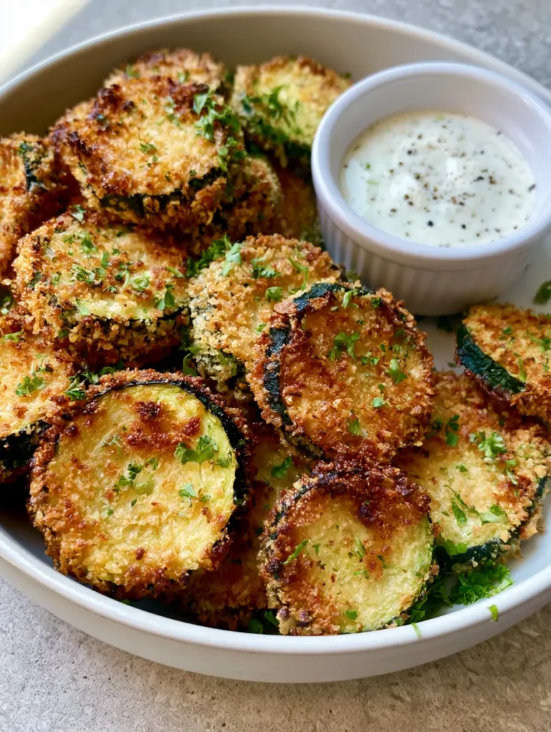 Air Fryer Zucchini Bites with Crispy Parmesan Panko and Garlic Aioli 1 Close up of breaded zucchini rounds with a white porcelain ramekin of garlic aioli featuring black pepper specks.