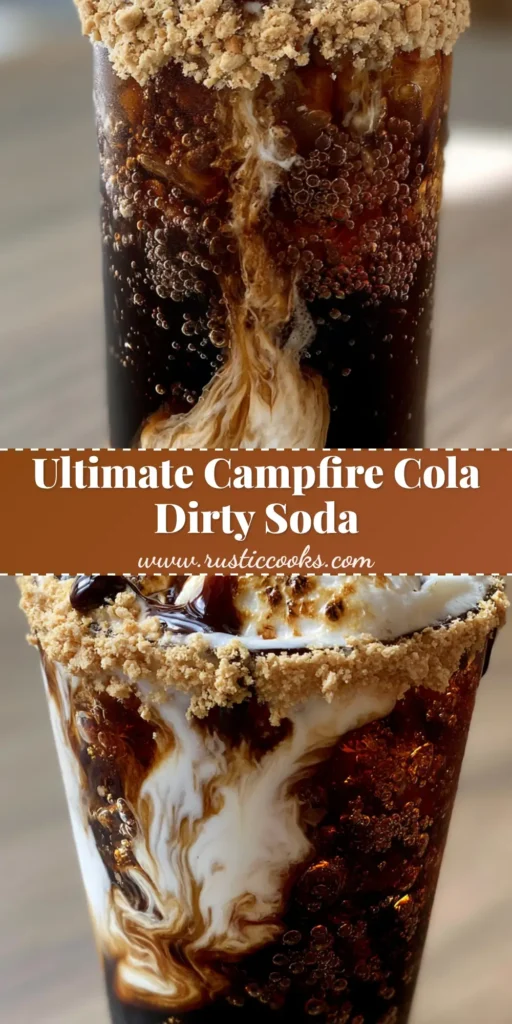 A tall clear glass of Campfire Cola Dirty Soda with a graham cracker rim, ice, swirling heavy cream, and three charred marshmallows on a wood surface.