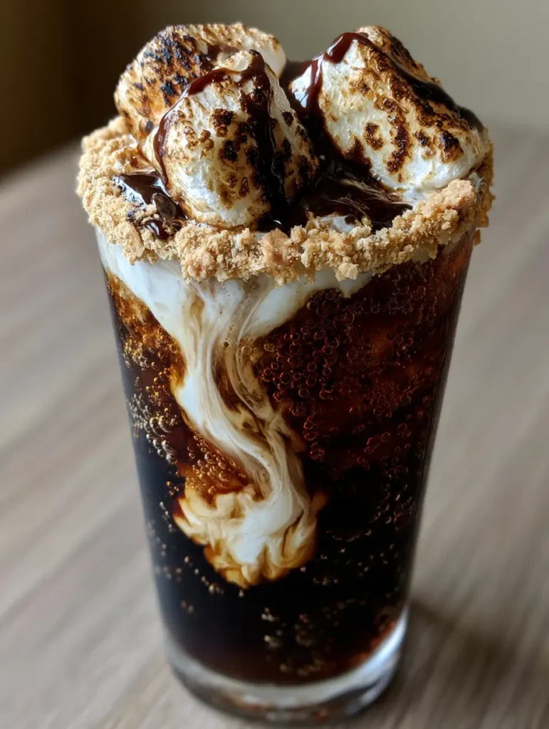 Close-up of heavy cream swirling into dark bubbly cola in a glass with a graham cracker rim. (Campfire Cola Dirty Soda)