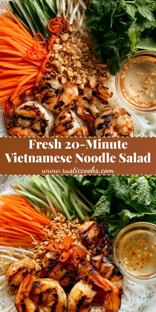 Vietnamese Noodle Salad with Smoky Charred Shrimp and Tangy Nuoc Cham 4 A professional top-down photo of a Vietnamese Noodle Salad in a white ceramic bowl featuring charred shrimp, julienned carrots, and fresh herbs.
