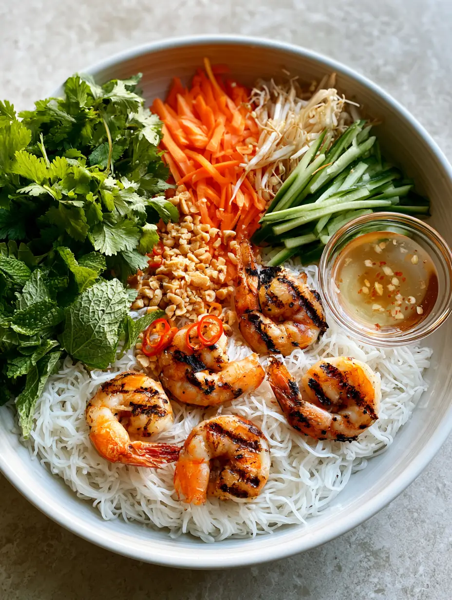 Vietnamese Noodle Salad with Smoky Charred Shrimp and Tangy Nuoc Cham 3 A smartphone photo of Vietnamese Noodle Salad with 5 charred shrimp, rice vermicelli, and organized vegetable sections on a grey stone background.