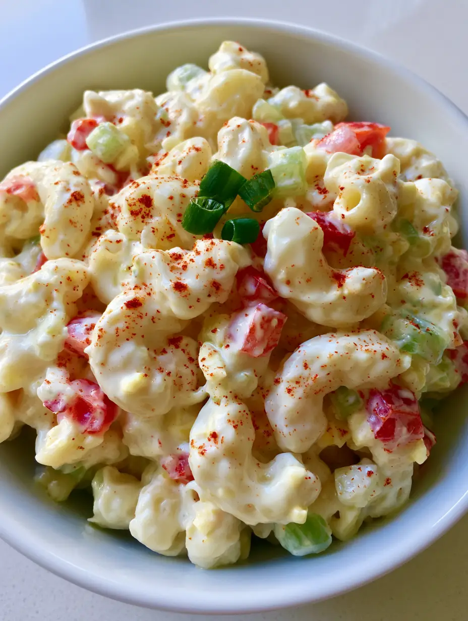 Close-up of creamy elbow macaroni with bright red bell peppers and green celery. (Dolly Parton Macaroni Salad)