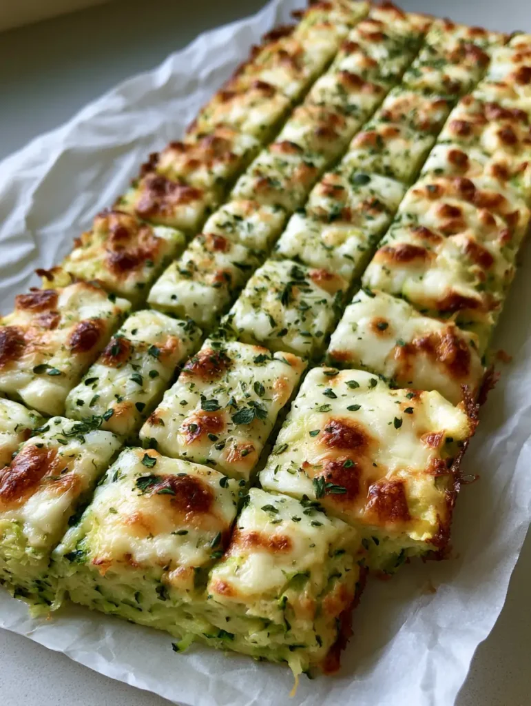 Close up overhead shot of Cheesy Zucchini Breadsticks showing golden brown charred cheese spots and dried oregano flakes on a neutral background.