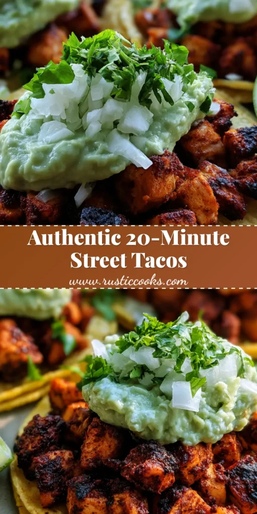 Chicken Street Tacos with Crispy Seared Thighs and Creamy Guacamole 4 Three chicken street tacos on a neutral plate with seared chicken, creamy guacamole, and white onions. (Chicken Street Tacos)