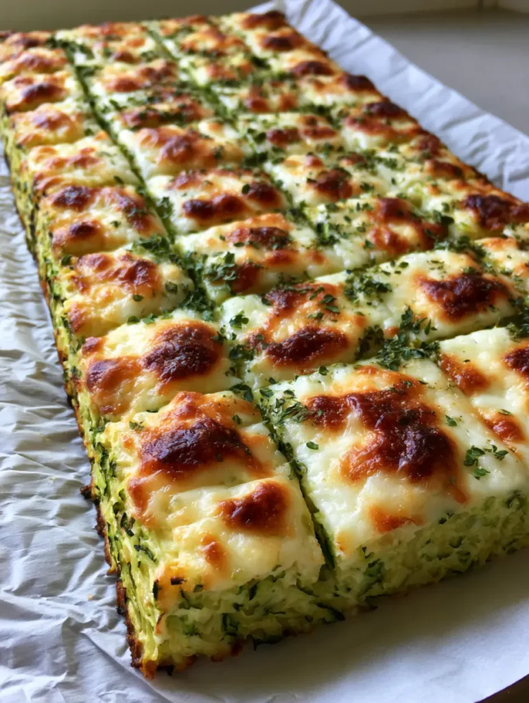 Cheesy Zucchini Breadsticks: The Ultimate Low-Carb Crispy Appetizer 1 A rectangular batch of baked zucchini breadsticks presented on wrinkled white parchment paper, featuring golden edges and a green-flecked zucchini base.
