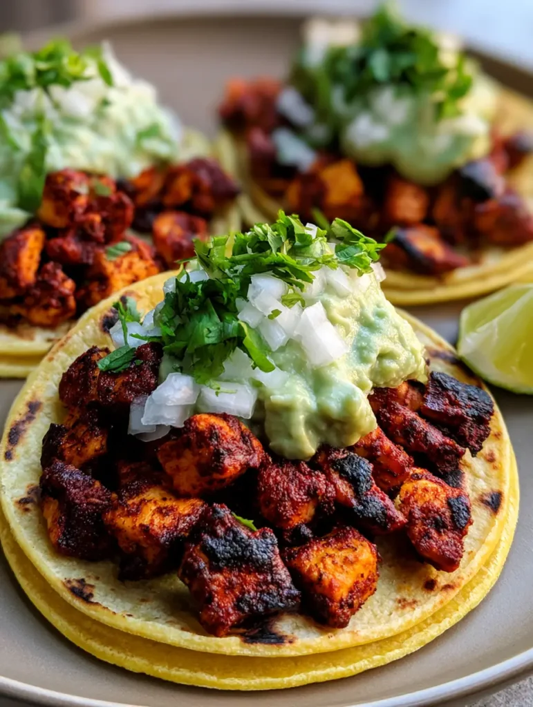 A close-up handheld smartphone shot of chicken street tacos with char-edged tortillas. (Chicken Street Tacos)