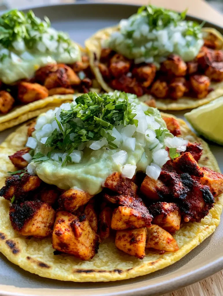 Chicken Street Tacos with Crispy Seared Thighs and Creamy Guacamole 1 Detailed view of the dark reddish-brown spice rub on seared chicken street tacos.