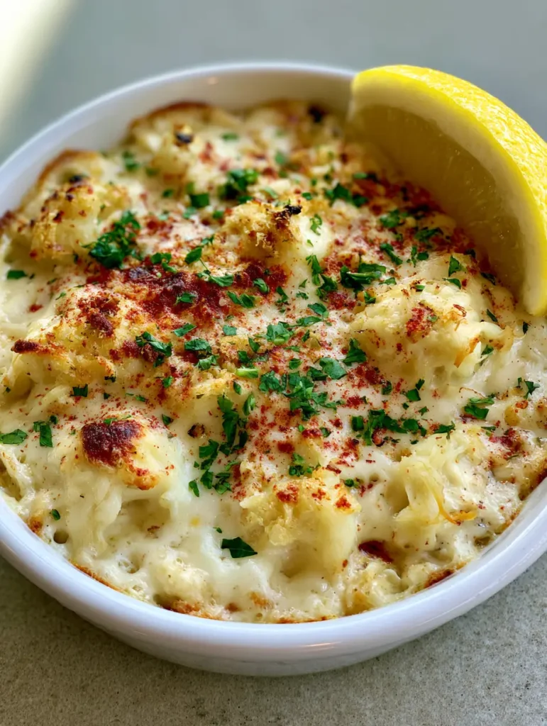 A handheld smartphone photo showing the fibrous jumbo lump crab meat in a thick ivory sauce. (Creamy Crab Imperial)