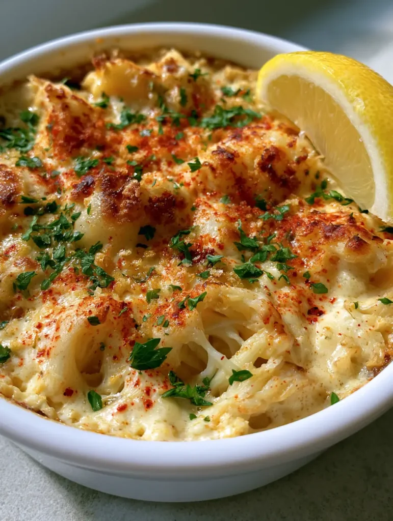 Creamy Crab Imperial with Jumbo Lump Meat and Golden Breadcrumbs 1 Overhead view of a baked Creamy Crab Imperial with a vibrant lemon wedge and parsley garnish.