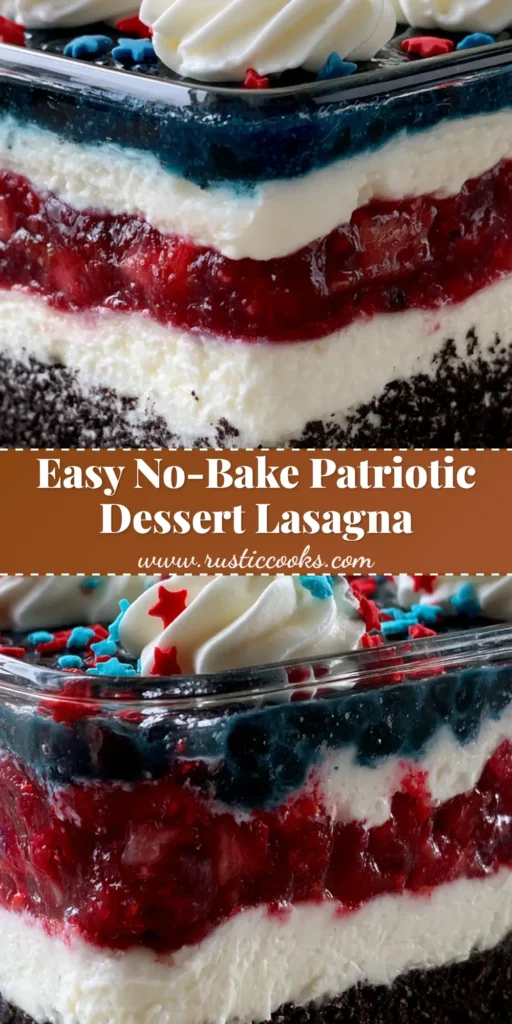 Patriotic Dessert Lasagna: The Ultimate Red, White, and Blue Layered No-Bake Treat 4 A tall slice of Patriotic Dessert Lasagna showing distinct layers of chocolate cookie crust, white cream cheese, red strawberry filling, and blue blueberry filling in a glass dish.