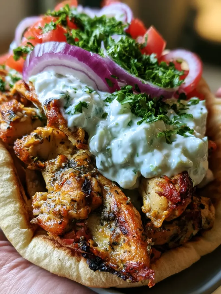 Greek Chicken Gyros: The Ultimate Street Food Experience at Home 2 Handheld smartphone photo of a Greek Chicken Gyro with golden-brown chicken and dollops of tzatziki sauce.