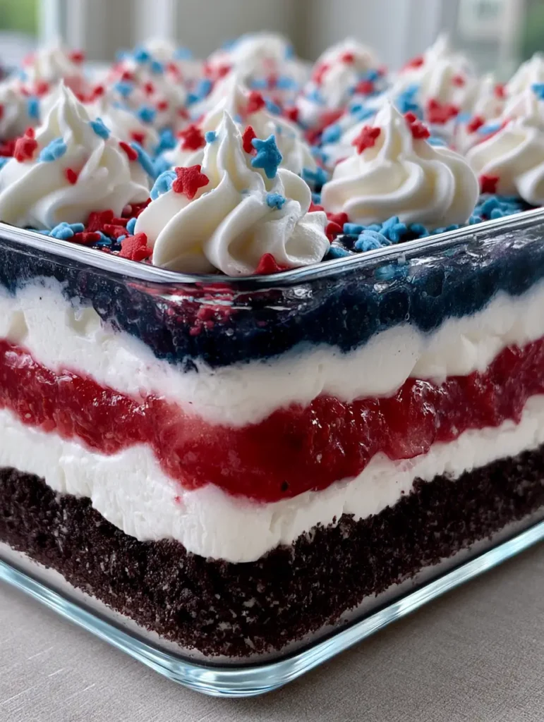 Patriotic Dessert Lasagna: The Ultimate Red, White, and Blue Layered No-Bake Treat 1 Side view of the Patriotic Dessert Lasagna showing the red, white, and blue fruit and cream layers through the glass.