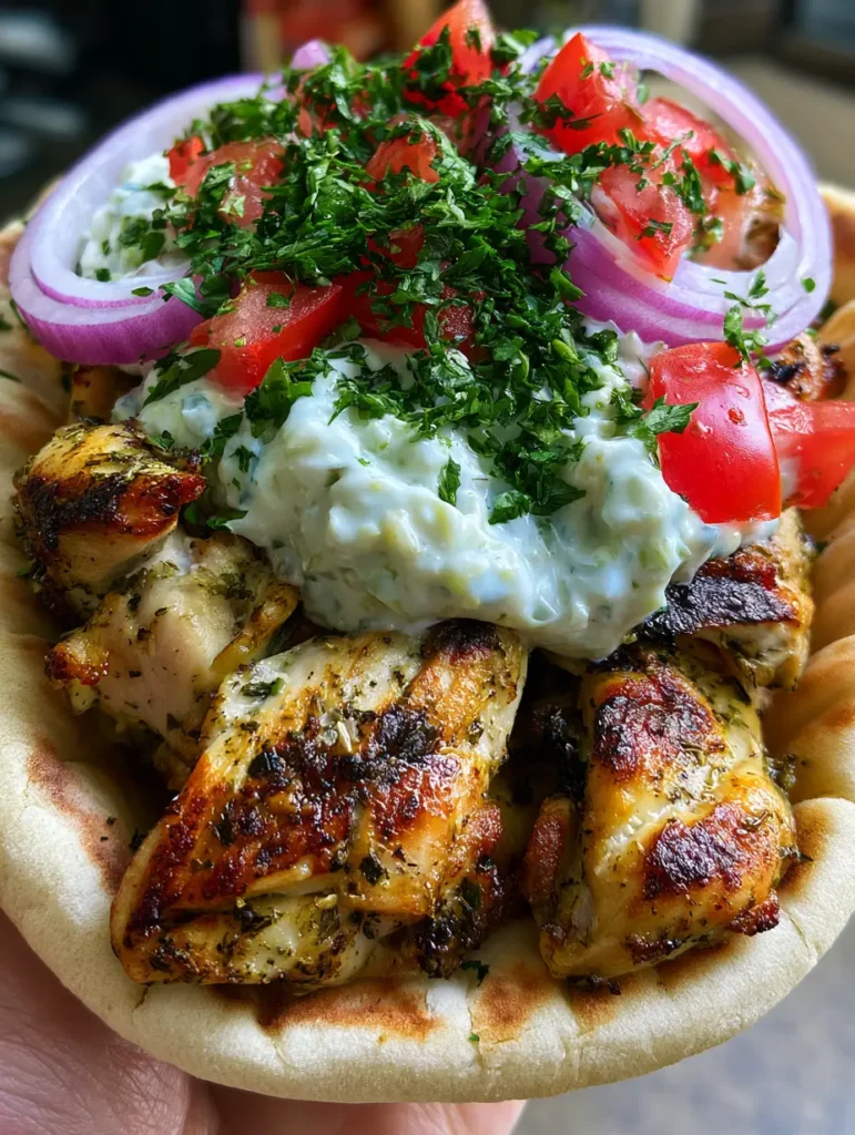 Greek Chicken Gyros: The Ultimate Street Food Experience at Home 1 A detailed photo of Greek Chicken Gyros showing the thick texture of tzatziki and fresh parsley garnish.
