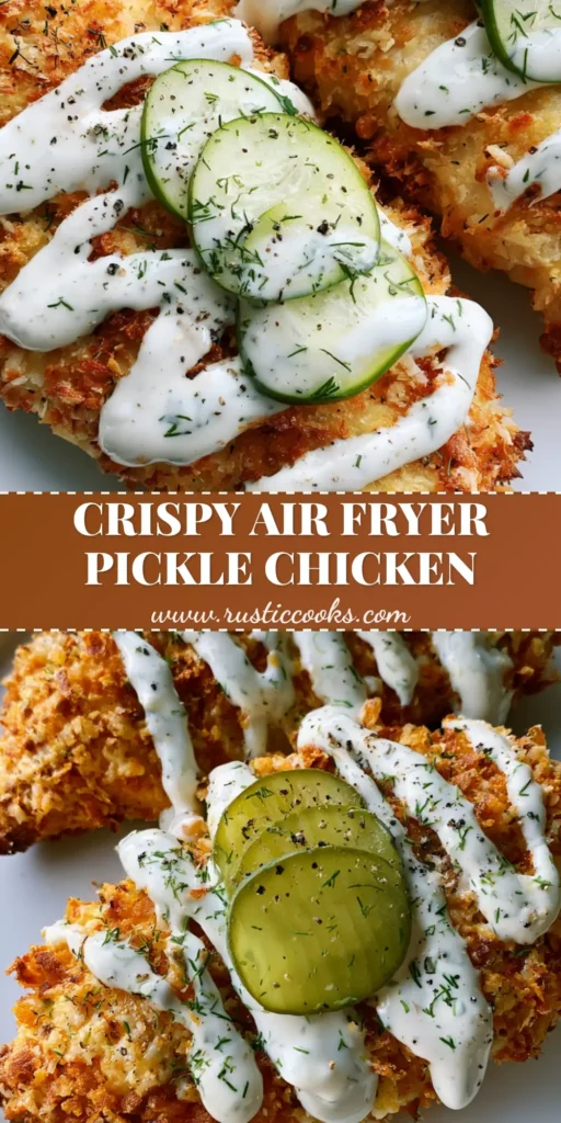 Air Fryer Dill Pickle Chicken: The Ultimate Crispy Panko Recipe 4 A top-down view of three golden-brown Air Fryer Dill Pickle Chicken breasts on a white plate with ranch drizzle and pickle rounds.