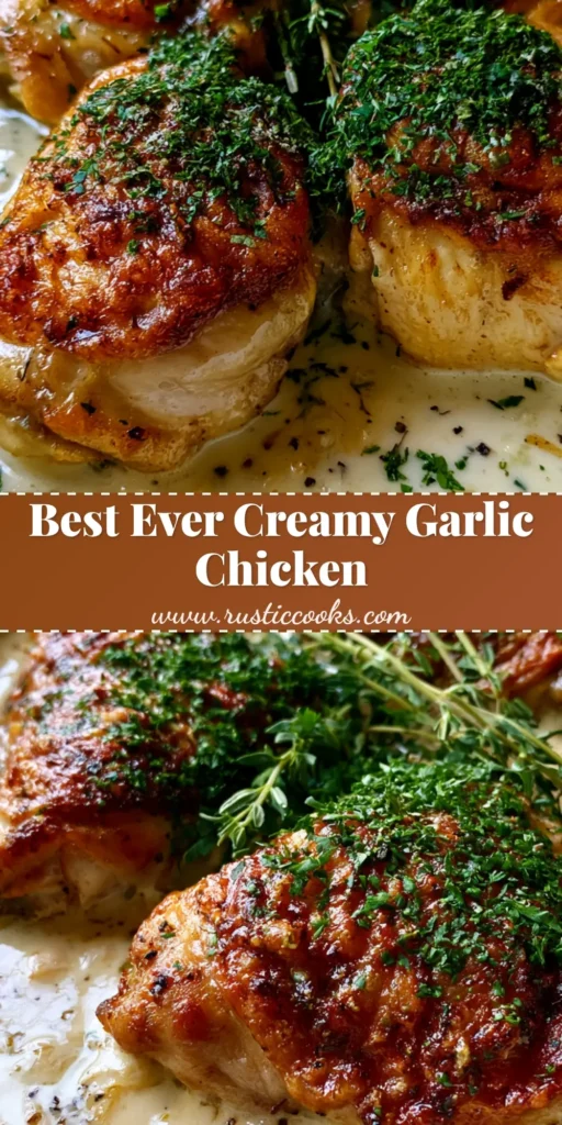Creamy Garlic Chicken Thighs with Crispy Skin and Velvety Sauce 4 A close-up of three crispy bone-in chicken thighs in a thick ivory garlic cream sauce with parsley garnish. (Creamy Garlic Chicken Thighs)