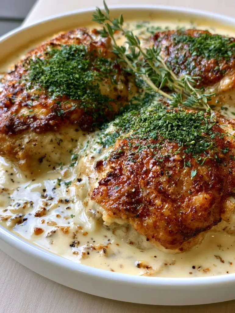 Overhead shot of seared chicken thighs in a white ceramic dish with glossy garlic cream sauce. (Creamy Garlic Chicken Thighs)