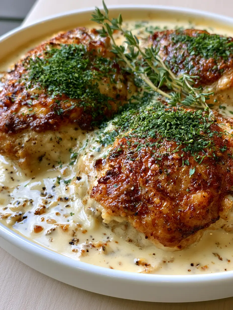 Creamy Garlic Chicken Thighs with Crispy Skin and Velvety Sauce 3 Overhead shot of seared chicken thighs in a white ceramic dish with glossy garlic cream sauce. (Creamy Garlic Chicken Thighs)