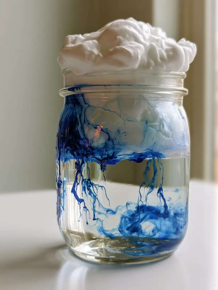 Close up view of blue liquid food coloring creating jagged electric-like streaks in a Lightning in a Jar Experiment.