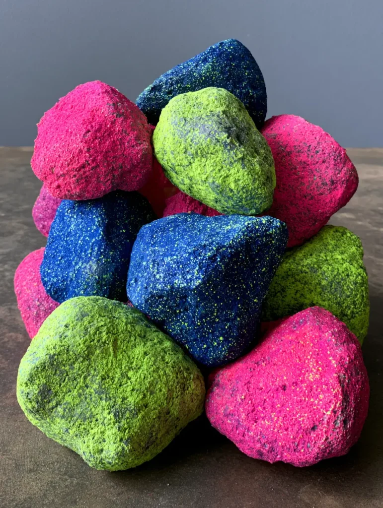 Electric lime and hot pink Glow In The Dark Moon Rocks showing the matte finish coating and luminescent speckles.