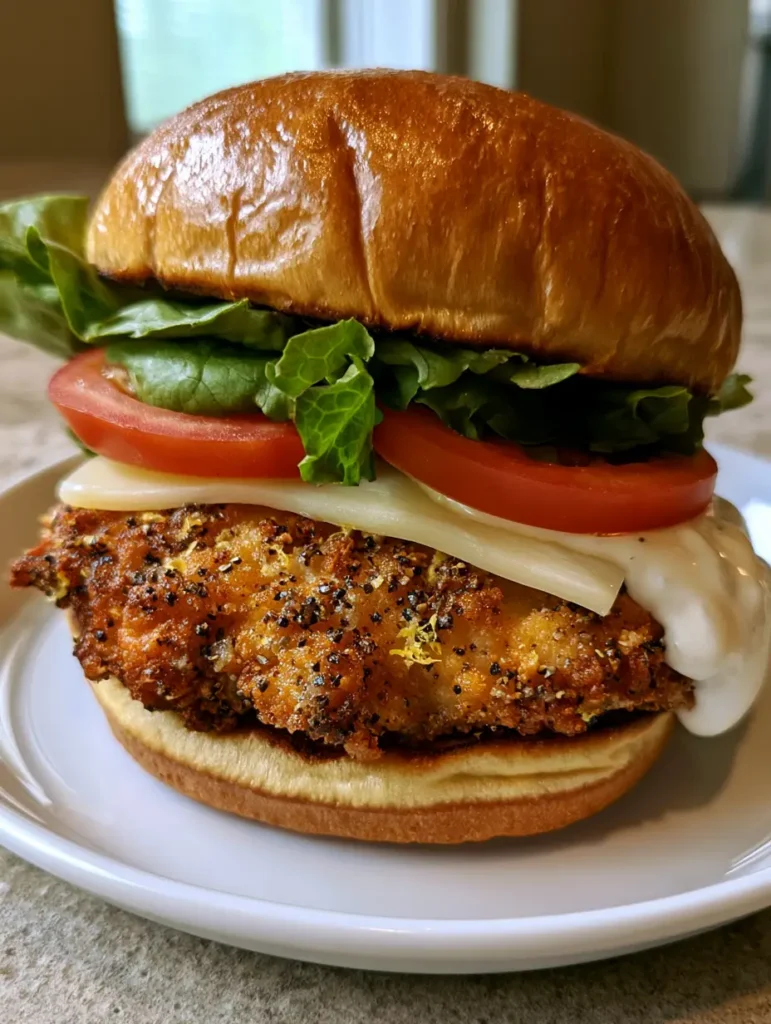 Crispy Lemon Pepper Chicken Sandwich: The Ultimate Gourmet Crunch Guide 1 Detailed shot of the layers in the Crispy Lemon Pepper Chicken Sandwich, including green leaf lettuce and tomato.