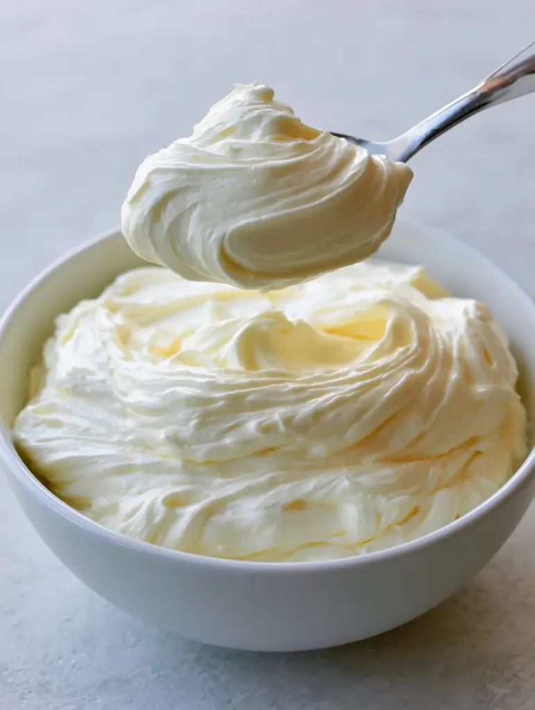 A silver spoon lifting a generous dollop of Russian Buttercream Frosting from a white ceramic bowl, showcasing the thick and stable ridges.