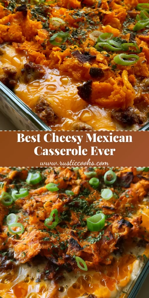 A high-angle shot of a Mexican White Trash Casserole in a glass dish, featuring melted cheddar, toasted nacho chips, and green onions.