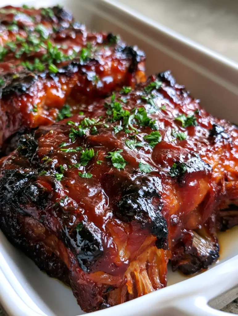 Oven-Baked Country Style Ribs: The Secret to Succulent, Charred Perfection 1 A top-down view of charred and sticky Oven-Baked Country Style Ribs with green parsley flakes.