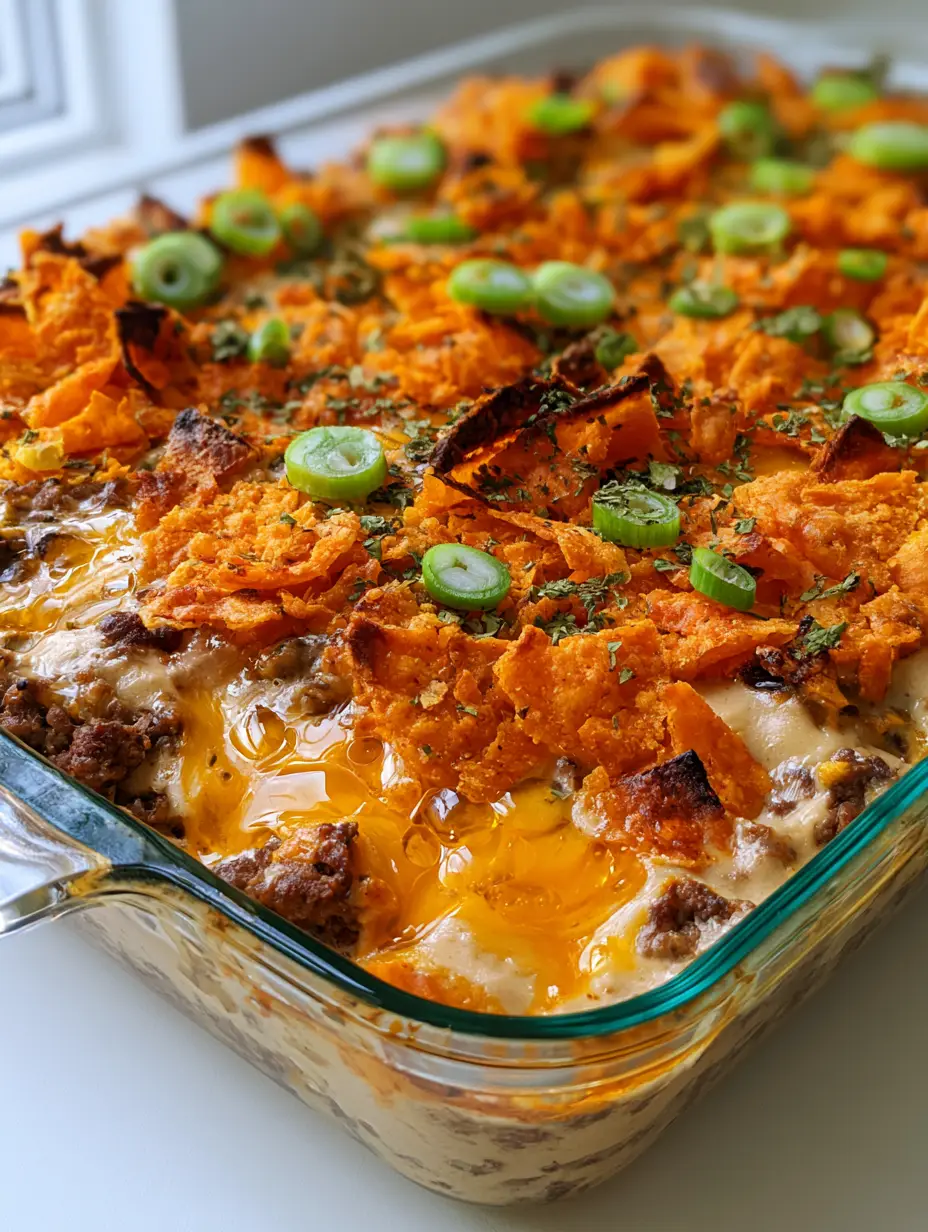 Close up of jagged nacho chips and melted orange cheddar on a Mexican White Trash Casserole.