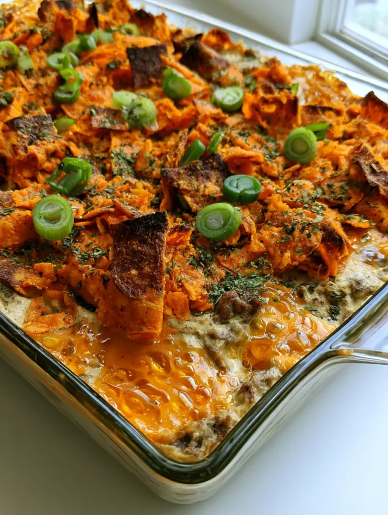 Overhead view of a glass baking dish containing Mexican White Trash Casserole with visible scallions.