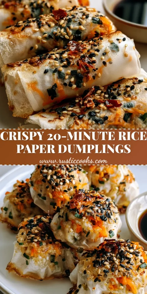 A close-up of several pan-seared Rice Paper Dumplings on a white plate, showing the crispy golden-brown base and vibrant carrot filling, garnished with sesame seeds.