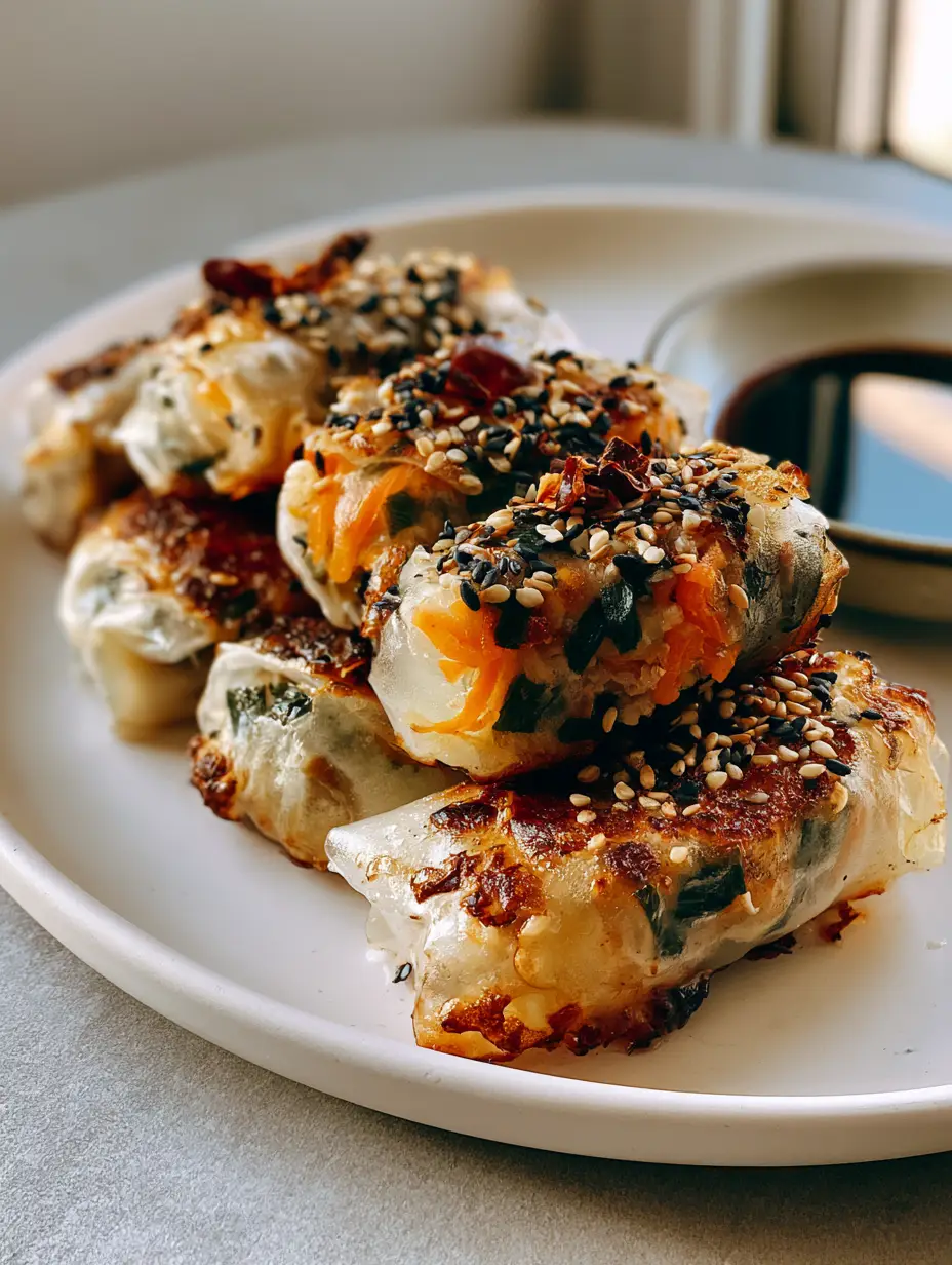 Smartphone photo of Rice Paper Dumplings on a ceramic plate with soy dipping sauce, highlighting the translucent wrappers and colorful filling.