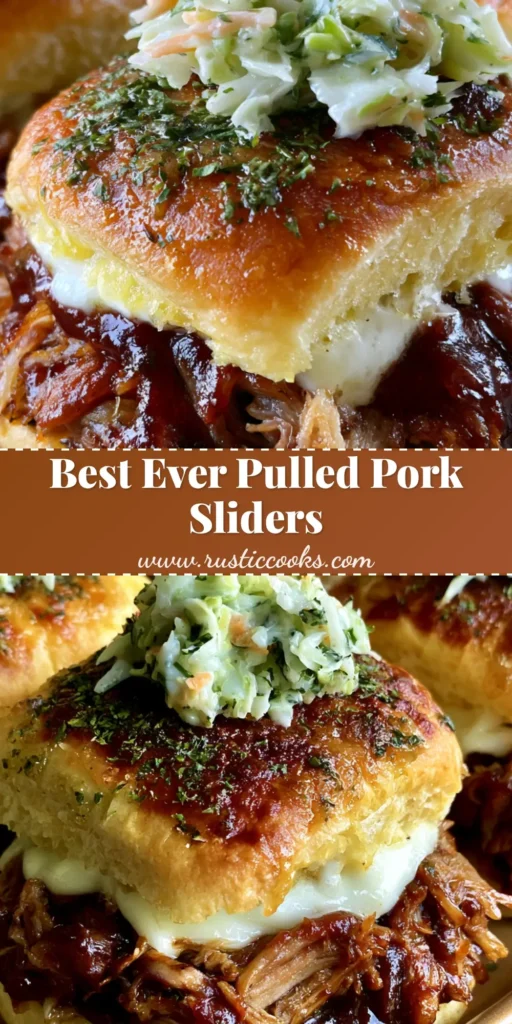 A platter of toasted Pulled Pork Sliders on Hawaiian rolls, topped with fresh creamy coleslaw and a glistening herb butter glaze.