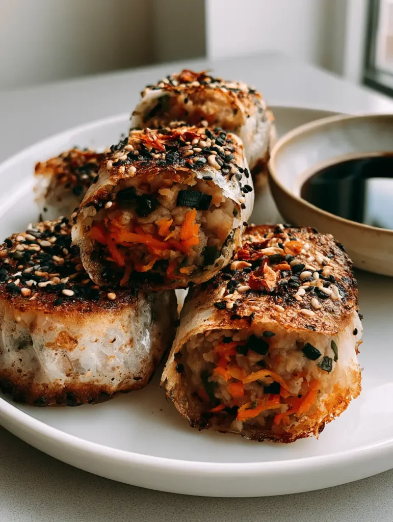 Top-down view of Rice Paper Dumplings garnished with black and white sesame seeds and dried chili flakes next to a small bowl of soy sauce.
