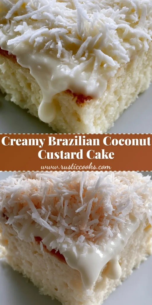 A tall, square slice of Brazilian Coconut Custard Cake showing a dense pale cream crumb, glossy glaze, and heavy coconut shreds. (Brazilian Coconut Custard Cake)