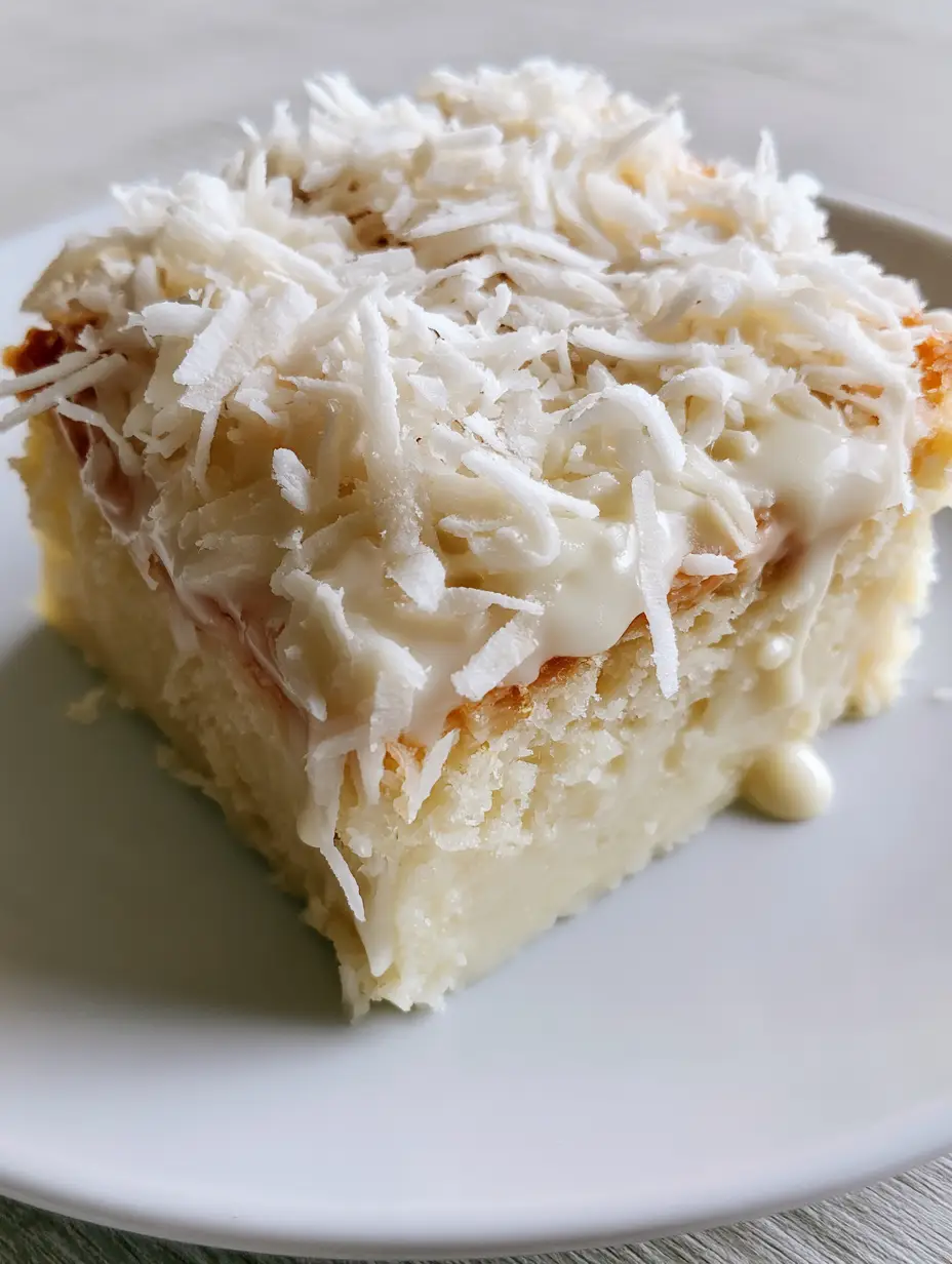 Close-up of a thick square slice of Brazilian coconut custard cake on a white plate with glossy coconut glaze and moist shreds. (Brazilian Coconut Custard Cake)