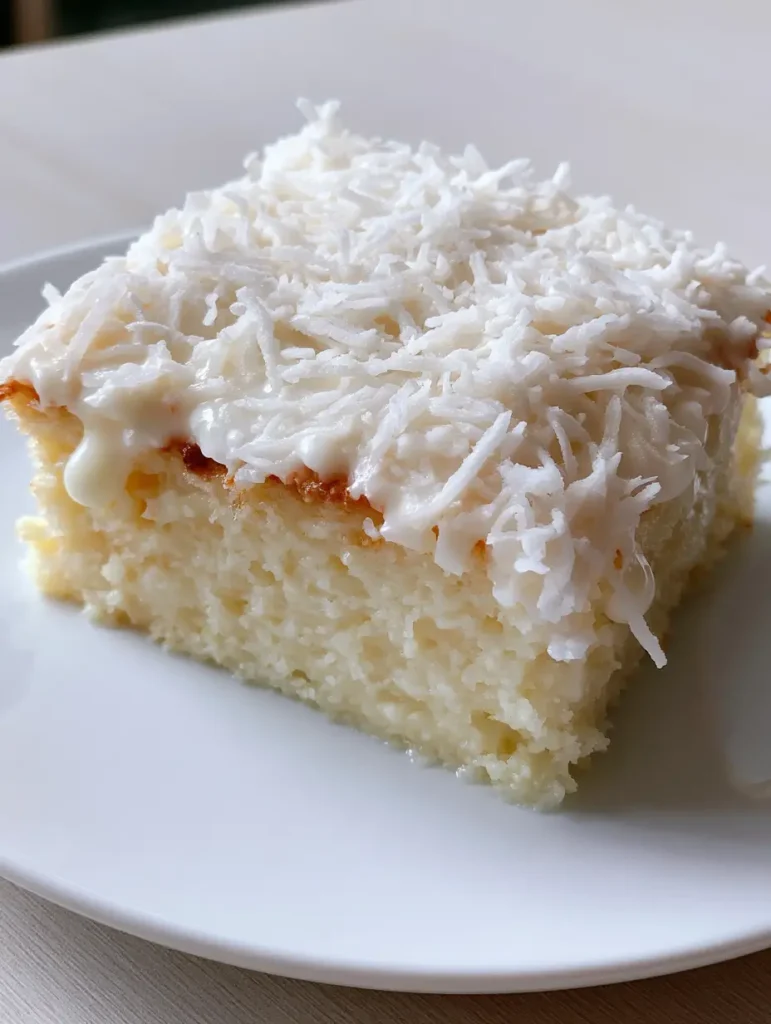 Macro shot of a Brazilian Coconut Custard Cake slice showing droplets of glaze and long coconut shreds.