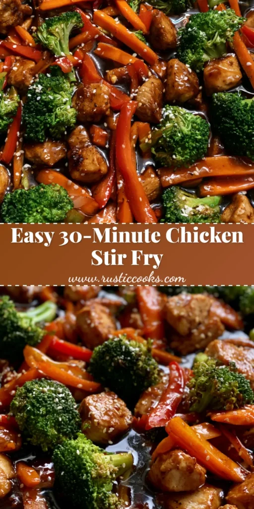 A close-up view of Chicken and Vegetable Stir Fry in a black skillet, featuring seared chicken, broccoli, carrots, and red peppers in a glossy dark amber sauce with sesame seeds.