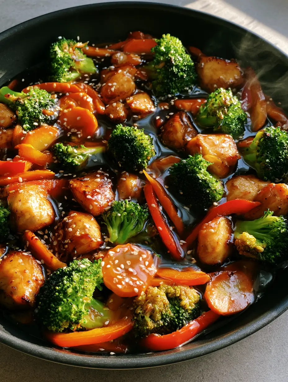 A handheld smartphone photo showing a black skillet filled with Chicken and Vegetable Stir Fry, highlighting the translucent dark amber sauce and vibrant vegetables.