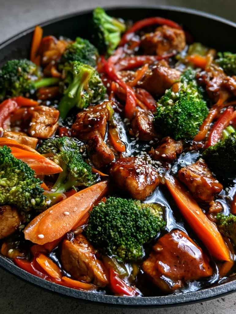 Top-down view of the seared chicken pieces and steamed broccoli florets in a thick, dark brown stir fry sauce garnished with white sesame seeds.