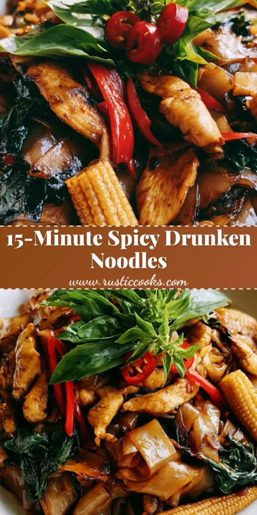 A white plate featuring Thai Drunken Noodles with charred wide rice noodles, seared chicken, and vibrant red chilies. (Thai Drunken Noodles)